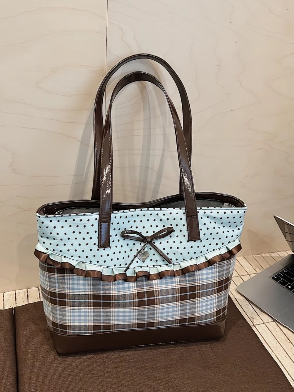 Brown Plaid Tote Bag with Light Blue Polka Dot Trim - Picture 1 of 5